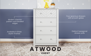 The Child Craft Atwood 4-Drawer Chest in Matte White features a modern chevron design, beveled edges, hexagonal pulls, smooth-glide drawers, and comes in three finishes. It’s shown on a patterned rug against a blue wall.