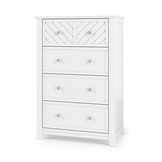 The Child Craft Atwood 4-Drawer Chest in Matte White features four drawers—two with a chevron pattern and two plain—all with round silver knobs. Its simple, modern design fits any nursery or bedroom.