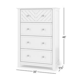 The Child Craft Atwood 4-Drawer Chest in matte white features a sleek design with four spacious drawers. Dimensions: 48"H x 33"W x 17.5"D.