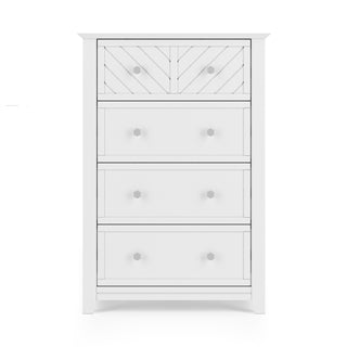 The Child Craft Atwood 4-Drawer Chest in matte white features clean lines, a modern design, four drawers with round knobs, and a chevron-patterned top drawer for added style.