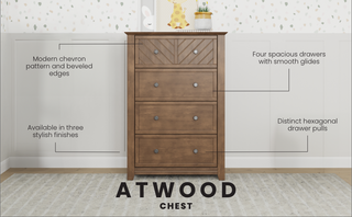 The Child Craft Atwood 4-Drawer Chest in Cocoa Bean features a modern chevron pattern, beveled edges, four smooth-glide drawers with hexagonal pulls, and is available in three finishes. ATWOOD CHEST text appears at the bottom.