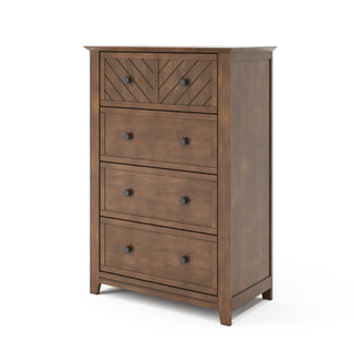 The Child Craft Atwood 4-Drawer Chest in Cocoa Bean features four spacious drawers and a top chevron-patterned drawer, each with two round black knobs. The chest stands on short legs, offering stylish storage with a medium brown finish.