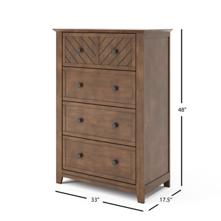 The Child Craft Atwood 4-Drawer Chest in Cocoa Bean features four roomy drawers, a tall frame, and round black knobs, with dimensions of 48" high, 33" wide, and 17.5" deep.