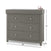 The Child Craft Atwood 3-Drawer Dresser in Lunar Gray features a changing table topper and small bottles on the right. It measures 42