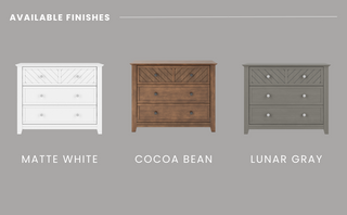 Three Atwood 3-Drawer Dressers by Child Craft are shown side by side on a gray background, featuring finishes in matte white (left), cocoa bean wood (center), and lunar gray (right). Above, text reads: Available Finishes.