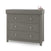 The Child Craft Atwood 3-Drawer Dresser in Lunar Gray features a chevron-patterned top drawer, a changing pad on top, and two bottles on the right side, perfect for storing lotion or soap.