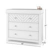 White dresser with three drawers, a geometric top drawer, and decorative knobs. Pair with Child Craft's F01792 Universal Changing Table Topper in Matte White to convert it into a baby changing station. 42"W x 17.75"D x 37"H. Two bottles on top right corner.