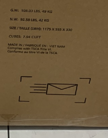 Matte white Atwood 3-Drawer Dresser by Child Craft arrives in a brown cardboard box with black text detailing weight, dimensions, manufacturing info, and an envelope-with-motion icon framed at the bottom.