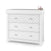 The Child Craft Atwood 3-Drawer Dresser in matte white has a chevron pattern on the top drawer and pink soap and lotion dispensers on the right side of its surface.