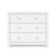The Child Craft Atwood 3-Drawer Dresser in matte white features geometric patterns on the top drawer and round knobs, set against a white background.