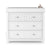 The Child Craft Atwood 3-Drawer Dresser in matte white features a chevron pattern on the top drawer, silver knobs, and is shown with a gray changing pad and baby supplies on top.