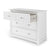 The Child Craft Atwood 3-Drawer Dresser in Matte White features a chevron pattern on its three drawers with round knobs, an open top drawer showing the interior, and stands on short legs.