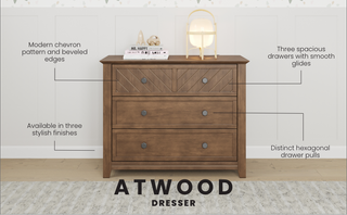 The Child Craft Atwood 3-Drawer Dresser in Cocoa Bean features a modern chevron pattern, beveled edges, and three spacious drawers with hexagonal pulls. Styled with a lamp and decor on top, it highlights its unique pattern, finish, and drawer design.