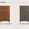 Two Child Craft Redmond 4 Drawer Chests are shown side by side in different finishes: the left in a warm reddish-brown (Coach Cherry), the right in a cool gray (Dapper Gray).