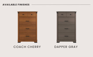 Two Child Craft Redmond 4 Drawer Chests are shown side by side in different finishes: the left in a warm reddish-brown (Coach Cherry), the right in a cool gray (Dapper Gray).