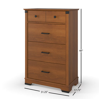 The Child Craft Redmond 4 Drawer Chest in Coach Cherry features four large drawers, two small top drawers, black handles, and measures 48"H x 31.25"W x 17.75"D—ideal for a nursery or any room as a stylish storage piece.