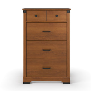 The Child Craft Redmond 4 Drawer Chest in Coach Cherry features two small drawers with round black knobs and three larger drawers with black handles, making it a stylish choice for rustic bedrooms or as a nursery dresser.