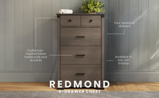 The Child Craft Redmond 4 Drawer Chest in Dapper Gray stands against a gray paneled wall, topped with a plant and books. It features spacious drawers, black metal pulls, and comes in two finishes.