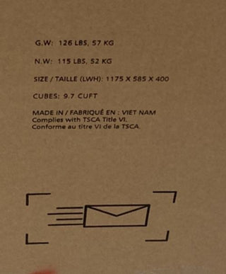 Brown cardboard box displays shipping details for the Child Craft Redmond Full Panel 4-in-1 Convertible Crib, Dapper Gray: 126 lbs/57 kg gross, 115 lbs/52 kg net, 1175 x 585 x 400 mm, 9.7 cu ft, Made in Vietnam, and envelope icon below.