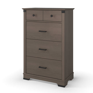 The Child Craft Redmond 4 Drawer Chest in Dapper Gray features two small top drawers with round knobs and three larger lower drawers with black handles, all on short legs and a grayish-brown wood finish.