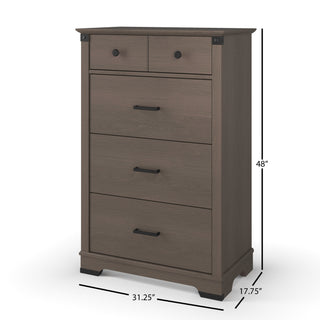 The Child Craft Redmond 4 Drawer Chest in Dapper Gray features four spacious drawers with metal handles and black hardware accents. Dimensions: 48" high, 31.25" wide, 17.75" deep.