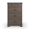 The Child Craft Redmond 4 Drawer Chest in Dapper Gray is a tall wooden dresser with two small upper drawers with round knobs, three spacious drawers with rectangular handles, and short legs, shown against a white background.