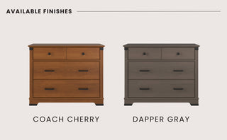 Compare two dressers: Child Craft’s Redmond 3 Drawer Dresser in Coach Cherry, a reddish-brown finish, and another in muted Dapper Gray; both feature two small and two large drawers with black handles.