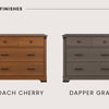 Two wooden dressers stand side by side: one in warm Coach Cherry, the other in Dapper Gray. Both are Child Craft Redmond 3 Drawer Dressers, perfect for a nursery with two small top drawers and two larger bottom drawers.