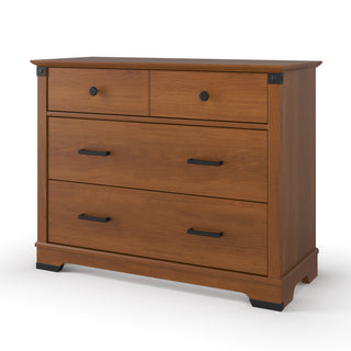 The Child Craft Redmond 3 Drawer Dresser in Coach Cherry features two small drawers with round black knobs on top and a large lower drawer with long black handles, all set on a flat base against a white background.