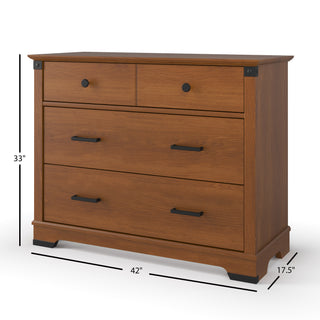 The Child Craft Redmond 3 Drawer Dresser in Coach Cherry features two small top drawers, a large bottom drawer, and black handles. It measures 33"H x 42"W x 17.5"D.