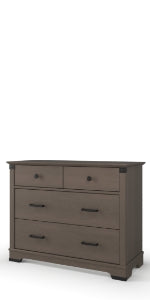 The Child Craft Redmond 3 Drawer Dresser in Dapper Gray features a simple, modern design with two small drawers and one large drawer, making it a stylish and functional addition to any nursery or children's space.