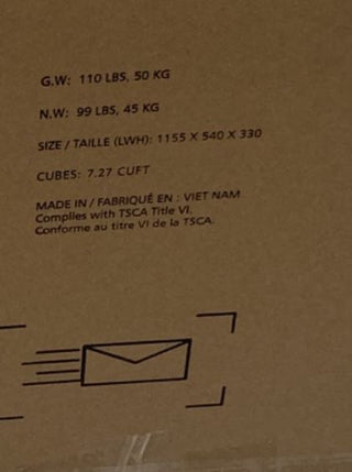 A cardboard box with printed specs—G.W. 110 lbs/50 kg, N.W. 99 lbs/45 kg, size 1155x540x330—suggests it contains a Child Craft Redmond 3 Drawer Dresser in Dapper Gray. An envelope icon and compliance info are also shown.