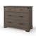 The Child Craft Redmond 3 Drawer Dresser in Dapper Gray features two small top drawers with round black knobs and a large lower drawer with a black bar handle, wooden construction, and short feet, shown against a white background.