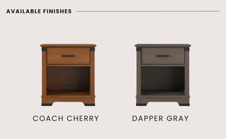 The Child Craft Redmond Nightstand in Coach Cherry features a single drawer and open shelf, making it ideal as a rustic bedside or nursery table.