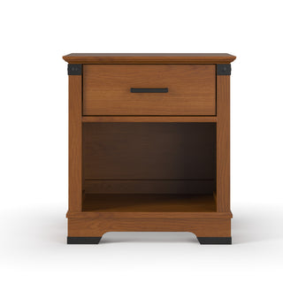 The Child Craft Redmond Nightstand in Coach Cherry features a single drawer with a black handle, an open shelf, black corner accents, and a smooth top—ideal for a modern touch in any nursery or bedroom.