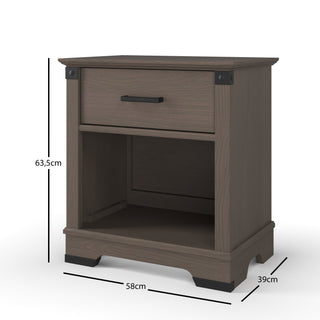 The Child Craft Redmond Nightstand in Dapper Gray features one drawer with a black handle, an open lower shelf, and black corner accents. It measures 63.5 cm tall, 58 cm wide, and 39 cm deep.