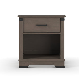 The Child Craft Redmond Nightstand in Dapper Gray features a single drawer, open lower shelf, sleek modern design, dark handle, and metal corner accents.