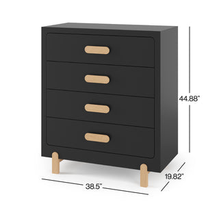 The Child Craft Park Heights 4-Drawer Chest in Caviar Black has light wood handles and Brazilian hardwood legs. Dimensions: 44.88"H x 38.5"W x 19.82"D—stylish, modern storage for your bedroom.