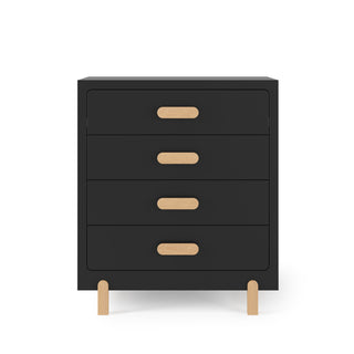 The Child Craft Park Heights 4-Drawer Chest in Caviar Black features wide wooden handles and four short Brazilian hardwood legs, displayed against a plain white background.