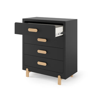 The Park Heights 4-Drawer Chest - Caviar Black by Child Craft features light wood handles and legs. Made from Brazilian hardwood, it is shown with the top drawer open displaying white books, set against a white background.