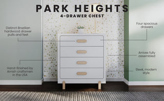 The Child Craft Park Heights 4-Drawer Chest – Matte White features wooden handles and feet, Brazilian hardwood accents, Amish hand-finishing, four roomy drawers, modern styling, and arrives fully assembled for your bedroom.
