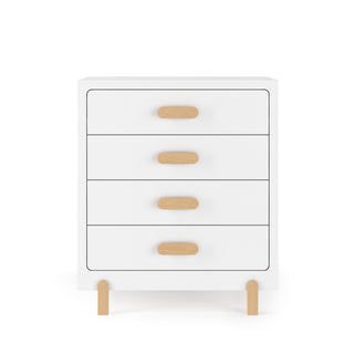 The Child Craft Park Heights 4-Drawer Chest in matte white features simple wooden handles and sturdy Brazilian hardwood legs, shown here against a plain white background.