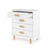 The Child Craft Park Heights 4-Drawer Chest in Matte White features Brazilian hardwood legs, light wood handles, and a spacious open top drawer, shown against a plain white background.