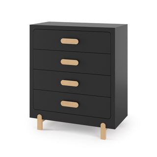 The Child Craft Park Heights 4-Drawer Chest in Caviar Black features a modern design with Brazilian hardwood, light wood horizontal handles, matching short legs, and a striking white background for a sleek look.