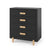 The Child Craft Park Heights 4-Drawer Chest in Caviar Black features a modern design with Brazilian hardwood, light wood horizontal handles, matching short legs, and a striking white background for a sleek look.