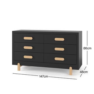 The Park Heights 6-Drawer Dresser - Caviar Black by Child Craft is a modern dresser made from Brazilian hardwood, featuring six drawers with light wood handles and legs. Dimensions: 86 cm (H) x 147 cm (W) x 48 cm (D).