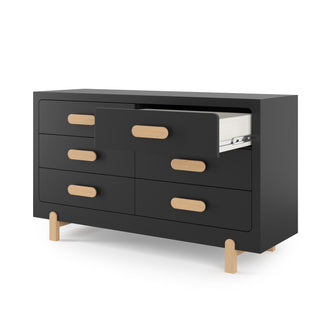 The Child Craft Park Heights 6-Drawer Dresser in Caviar Black features wooden legs, six drawers with large Brazilian hardwood handles, and a partially open top middle drawer displaying neatly folded white linens.