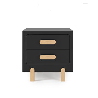 The Child Craft Park Heights Night Stand - Caviar Black is a modern two-drawer nightstand with horizontal light wood handles and four short light wood legs, crafted from Brazilian hardwood, shown against a plain white background.