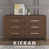 The Child Craft Kieran 6-Drawer Double Dresser in Toasted Chestnut features six spacious drawers, glossy copper handles, a herringbone pattern, angled feet, and includes two decorative vases on top; labeled highlights showcase its style and finishes.
