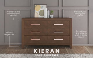 The Child Craft Kieran 6-Drawer Double Dresser in Toasted Chestnut features six spacious drawers, glossy copper handles, a herringbone pattern, angled feet, and includes two decorative vases on top; labeled highlights showcase its style and finishes.